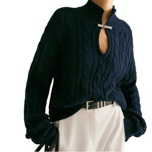 Commense Navy Blue Cotton Cable Knit Keyhole Sweater Top Large NWT